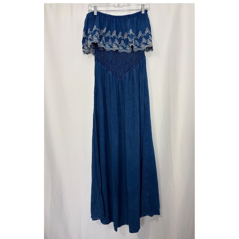 Off Shoulder Denim Western Boho Corset Maxi Dress Eyelet Lace Embroidery Small